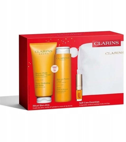 „Clarins“ rinkinys „Clarins“: kvapiųjų, eterinių aliejų, drėkinamasis, kūno aliejus, 200 ml + kvapiųjų, eterinių aliejų, dušo želė, visam kūnui, 200 ml + lūpų kondicionierius, lūpų aliejus, 01, 1,4 ml *Miniatiūrinis + „Clarins“, užsegamas užtrauktuku, GWP tekstilinis maišelis, baltas unisex