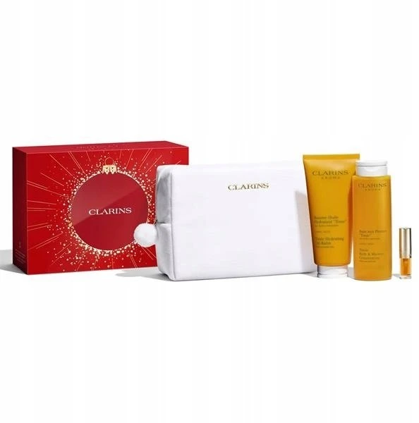 „Clarins“ rinkinys „Clarins“: kvapiųjų, eterinių aliejų, drėkinamasis, kūno aliejus, 200 ml + kvapiųjų, eterinių aliejų, dušo želė, visam kūnui, 200 ml + lūpų kondicionierius, lūpų aliejus, 01, 1,4 ml *Miniatiūrinis + „Clarins“, užsegamas užtrauktuku, GWP tekstilinis maišelis, baltas unisex