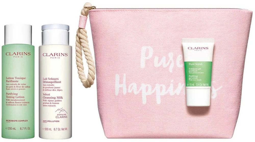 Set Clarins: šveičiamasis šveitiklis Pure Exfoliating Scrub, 15 ml + valomasis pienelis veidui Velourse Anti-Pollution Cleansing Milk, 200 ml + valomasis tonikas be alkoholio veidui Purifying Alcohol-Free Purifying Tonikas Lotion, 200 ml