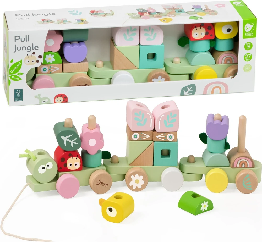 Classic World medinė Montessori Gąsienicos traukinys su 27 detalėmis