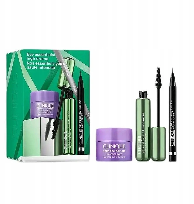 Clinique Eye Essentials: High Drama komplektas tusz do rzęs 10ml + eyeliner w płynie 0.34g + balsam oczyszczający 15ml