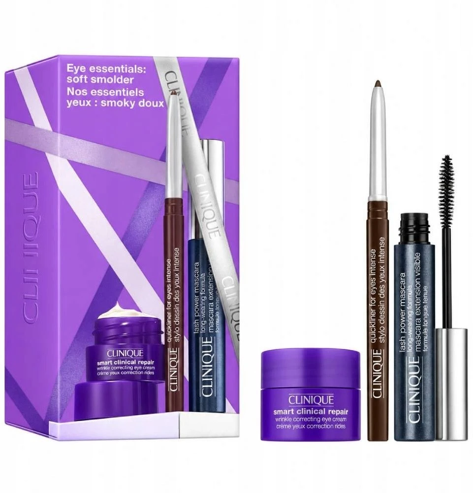 Clinique Eye Essentials: Soft Smolder rinkinys – tūsas blakstienoms 6 ml + akių pieštukas 0.14 g + kremas po akimis 5 ml