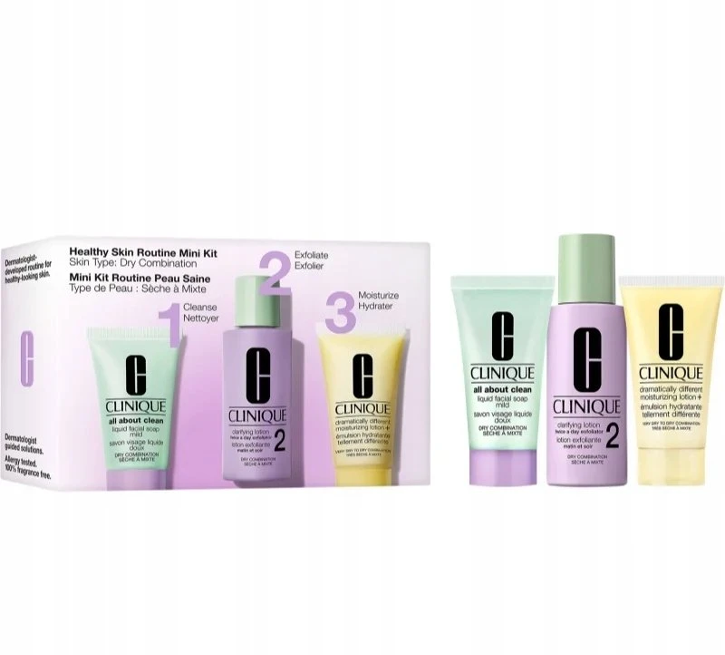 „Clinique“ rinkinys (skystas veido muilas „All About Clean“ švelnus, 30 ml + „Gaivinantis“ losjonas du kartus per dieną naudojamas šveitiklis „2“ 60 ml + „Dramatically Different“ drėkinamasis losjonas + 30 ml)