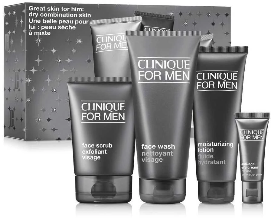 Clinique Rinkinys „Great Skin for Him“: veido prausimosi gelis 200 ml + veido šveitiklis 100 ml + senėjimą stabdantis paakių kremas 15 ml + drėkinamoji veido emulsija 100 ml