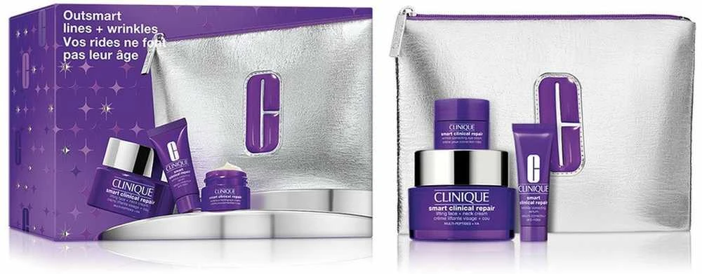 Veido ir kaklo priežiūros rinkinys Clinique Smart Clinical Repair: stangrinamasis kremas (50 ml) + raukšlių serumas (10 ml) + paakių kremas (5 ml) + kosmetinė