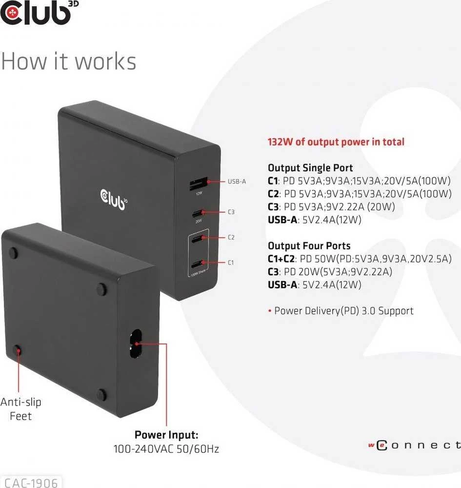 Club 3D 1x USB-A įkroviklis 3x USB-C (CAC-1906)