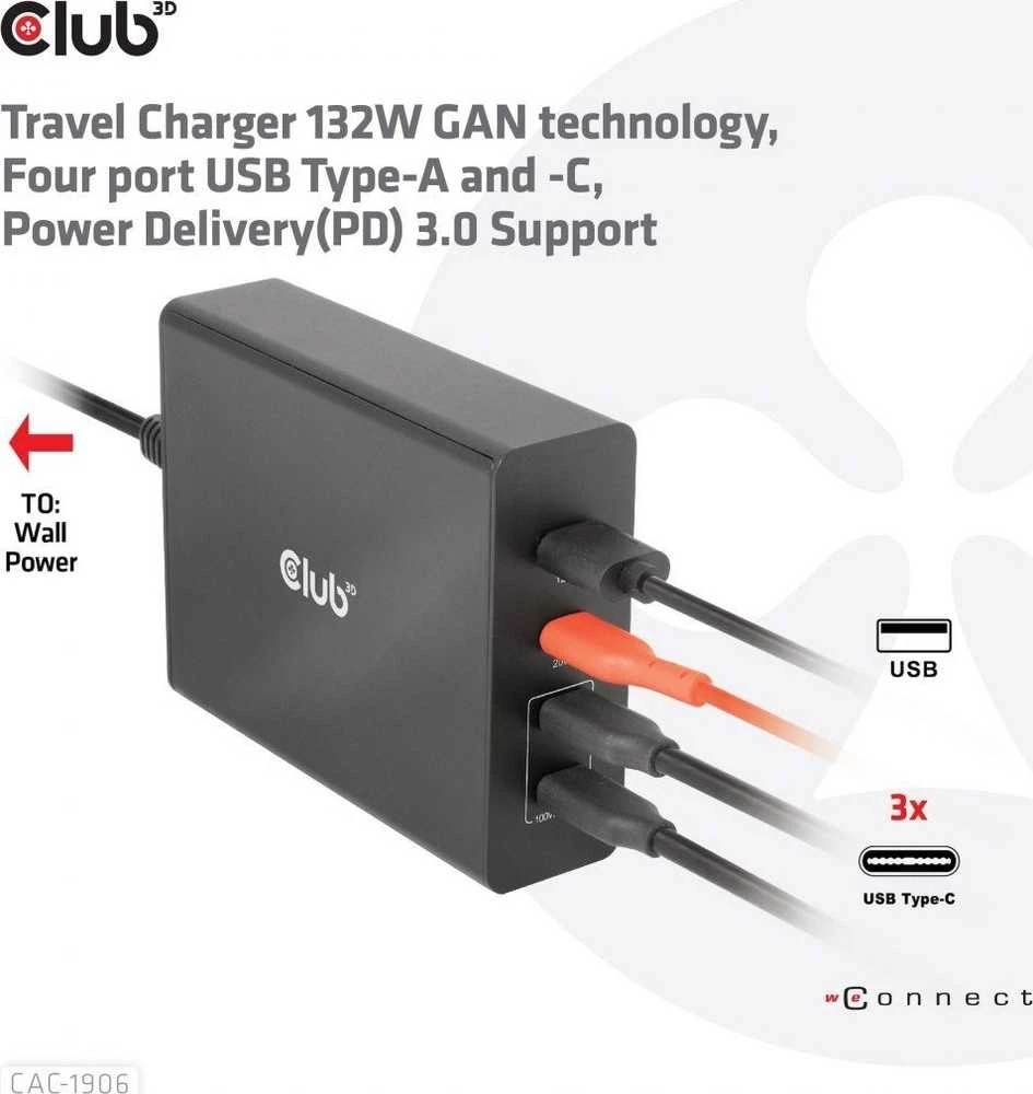 Club 3D 1x USB-A įkroviklis 3x USB-C (CAC-1906)