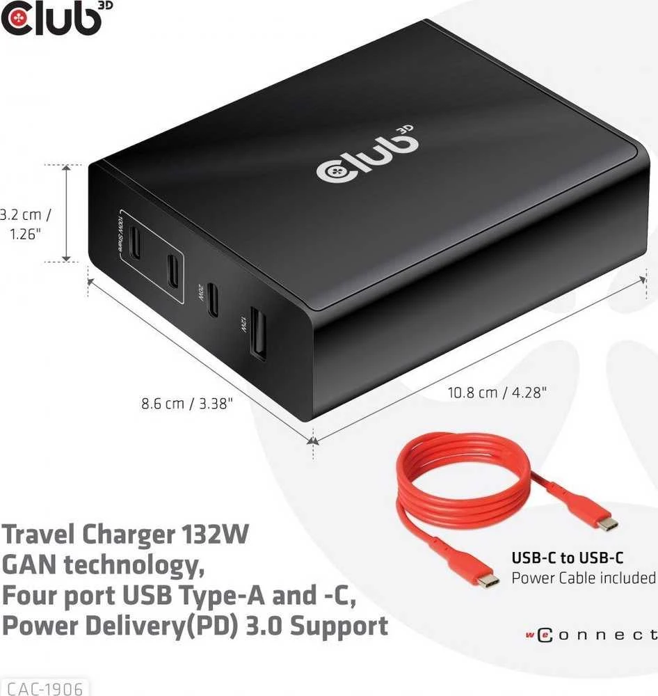 Club 3D 1x USB-A įkroviklis 3x USB-C (CAC-1906)