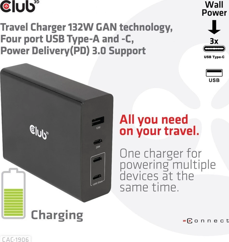 Club 3D 1x USB-A įkroviklis 3x USB-C (CAC-1906)