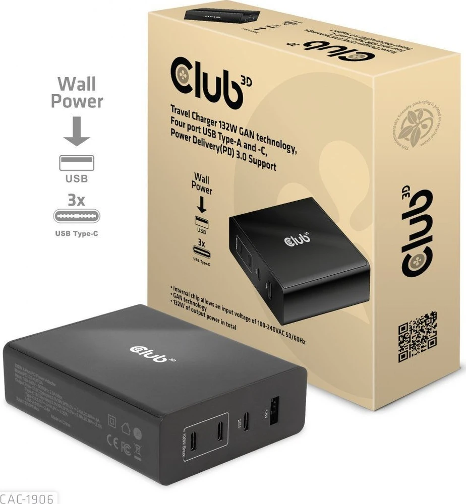 Club 3D 1x USB-A įkroviklis 3x USB-C (CAC-1906)