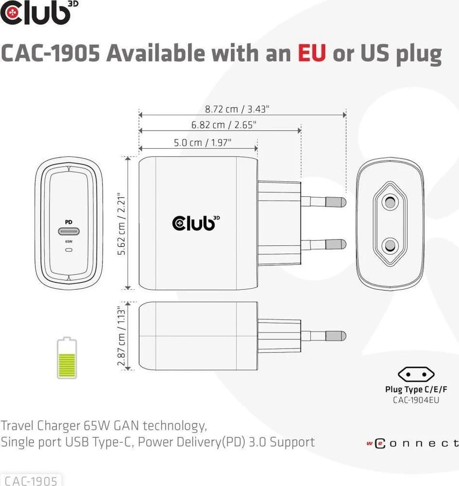 Club 3D CLUB3D kelioninis įkroviklis 65 W GAN technologija, vieno prievado USB Type-C, maitinimo tiekimo (PD) 3.0 palaikymas