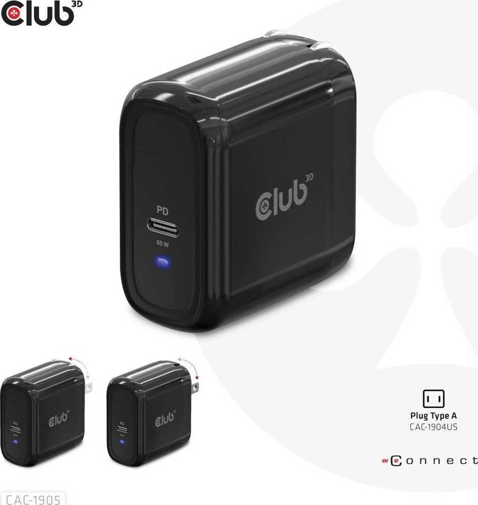 Club 3D CLUB3D kelioninis įkroviklis 65 W GAN technologija, vieno prievado USB Type-C, maitinimo tiekimo (PD) 3.0 palaikymas