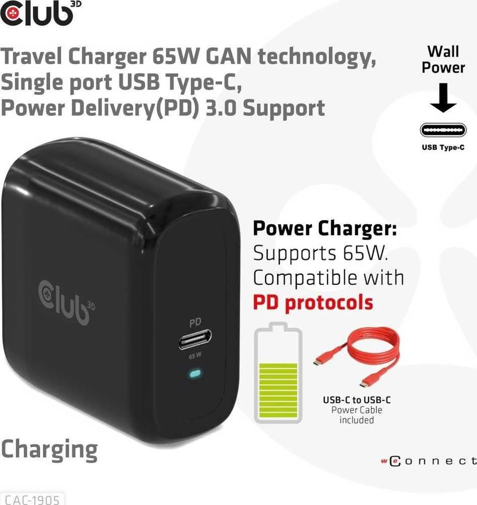 Club 3D CLUB3D kelioninis įkroviklis 65 W GAN technologija, vieno prievado USB Type-C, maitinimo tiekimo (PD) 3.0 palaikymas