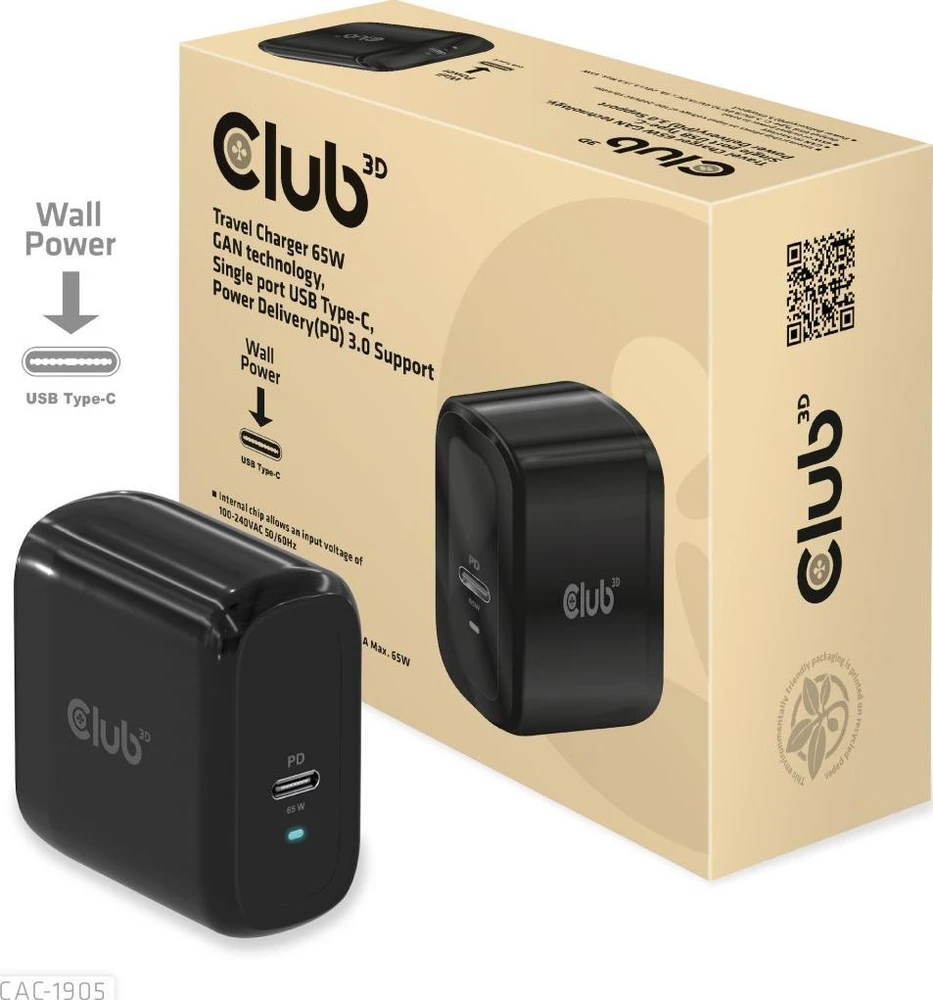 Club 3D CLUB3D kelioninis įkroviklis 65 W GAN technologija, vieno prievado USB Type-C, maitinimo tiekimo (PD) 3.0 palaikymas