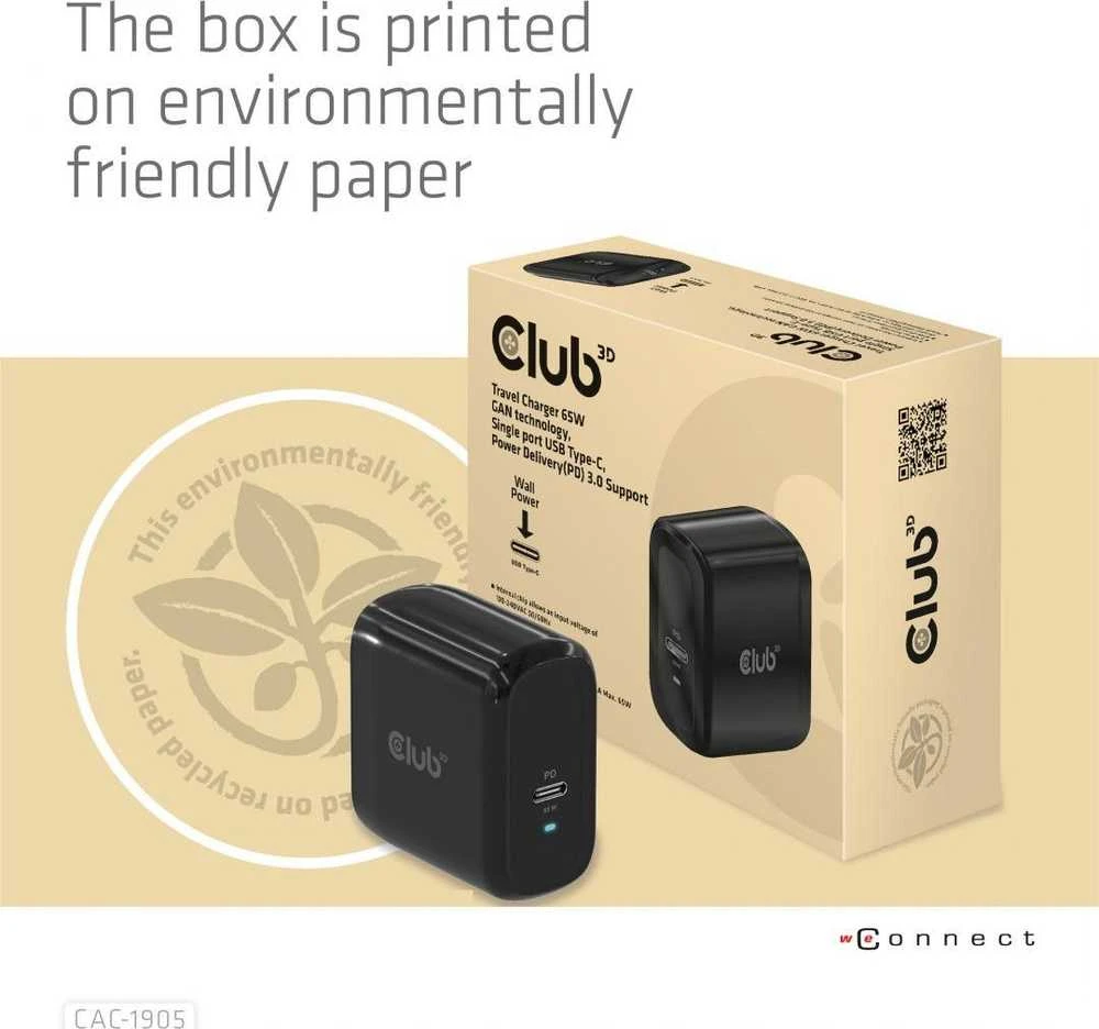 Club 3D CLUB3D kelioninis įkroviklis 65 W GAN technologija, vieno prievado USB Type-C, maitinimo tiekimo (PD) 3.0 palaikymas