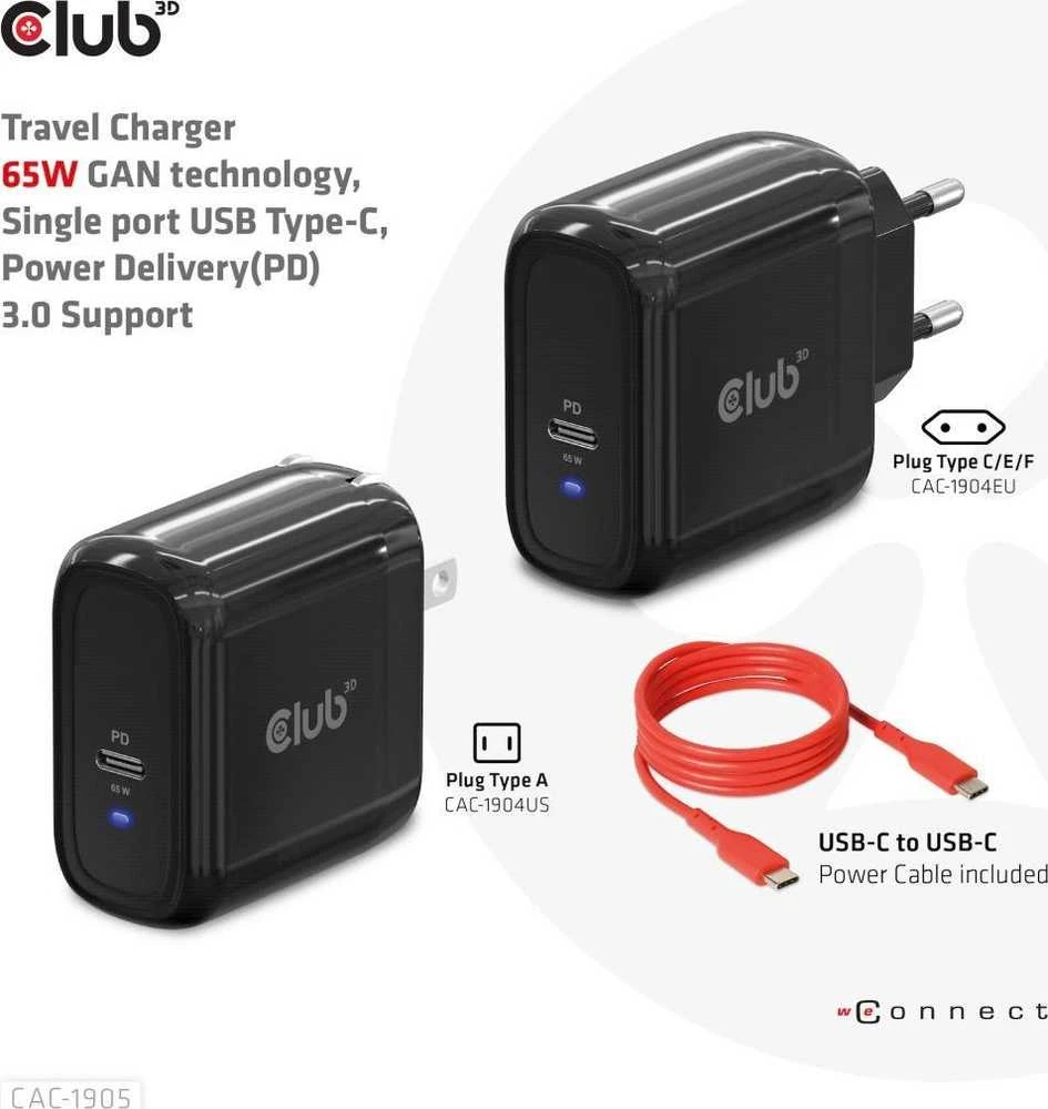 Club 3D CLUB3D kelioninis įkroviklis 65 W GAN technologija, vieno prievado USB Type-C, maitinimo tiekimo (PD) 3.0 palaikymas