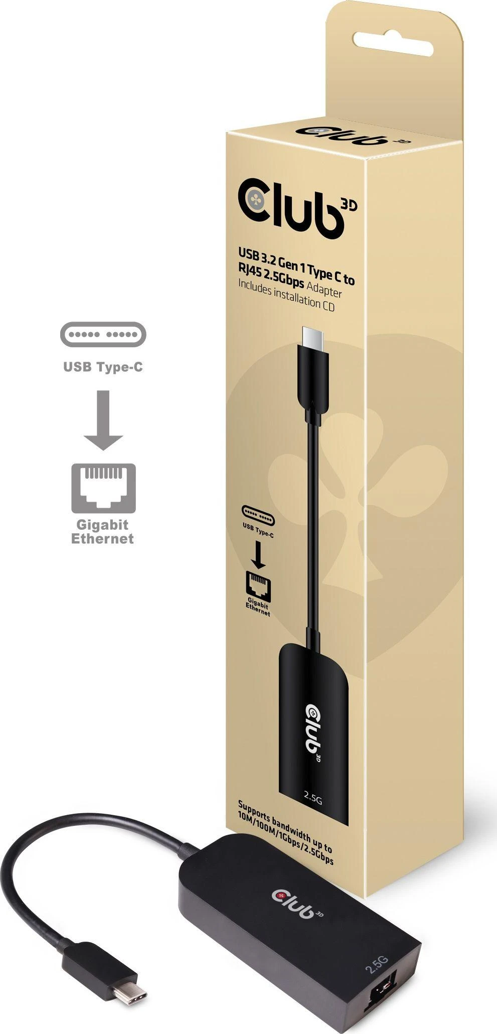 „Club 3D“ „Club3D“ USB 3.2 Gen 1 C tipo RJ45 2,5 Gbps adapteris, 24 cm