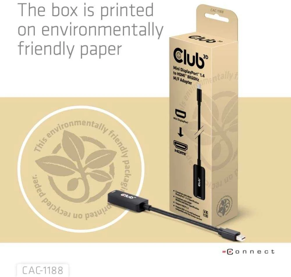 Club 3D Club3D adapteris miniDP 1.4 prie HDMI, 4K120Hz arba 8K60Hz HDR10+, M/F, 9cm