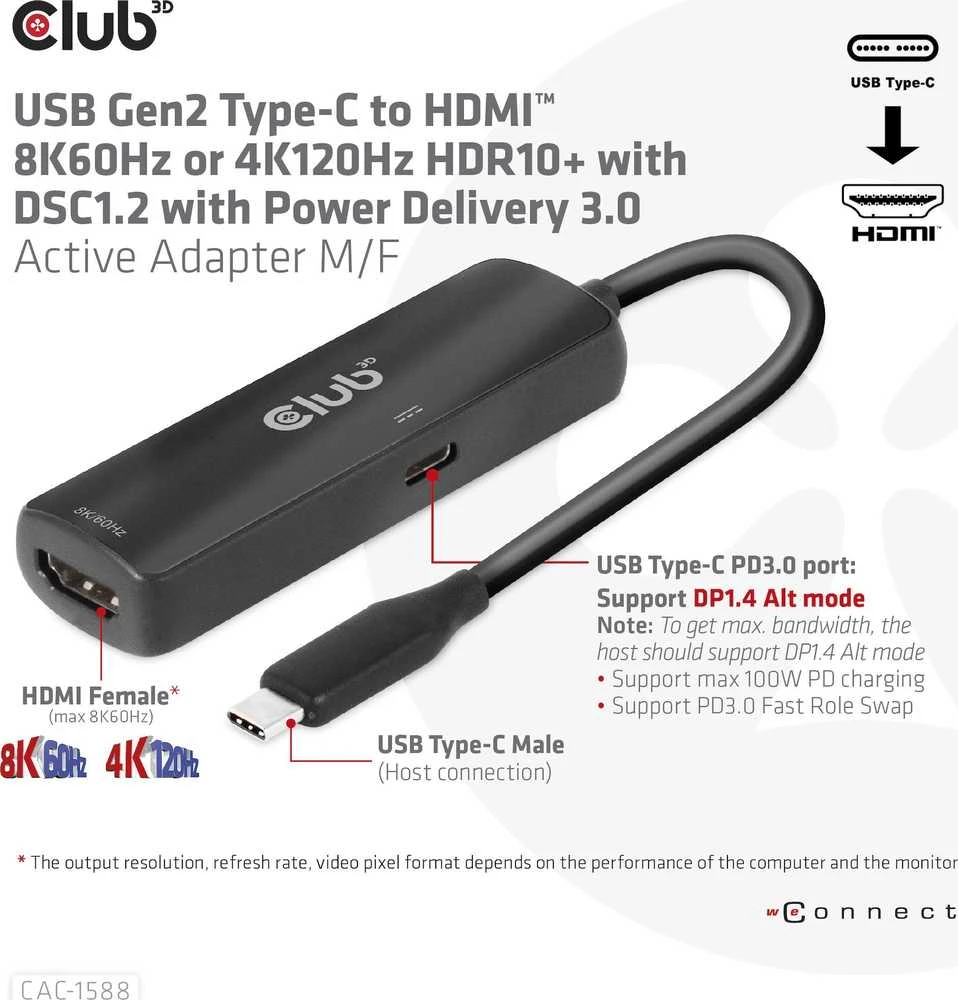 Club 3D Club3D USB-C adapteris su HDMI 8K60Hz/4K120Hz, aktyvus M/F adapteris, PD 3.0, HDR10+ ir DSC 1.2