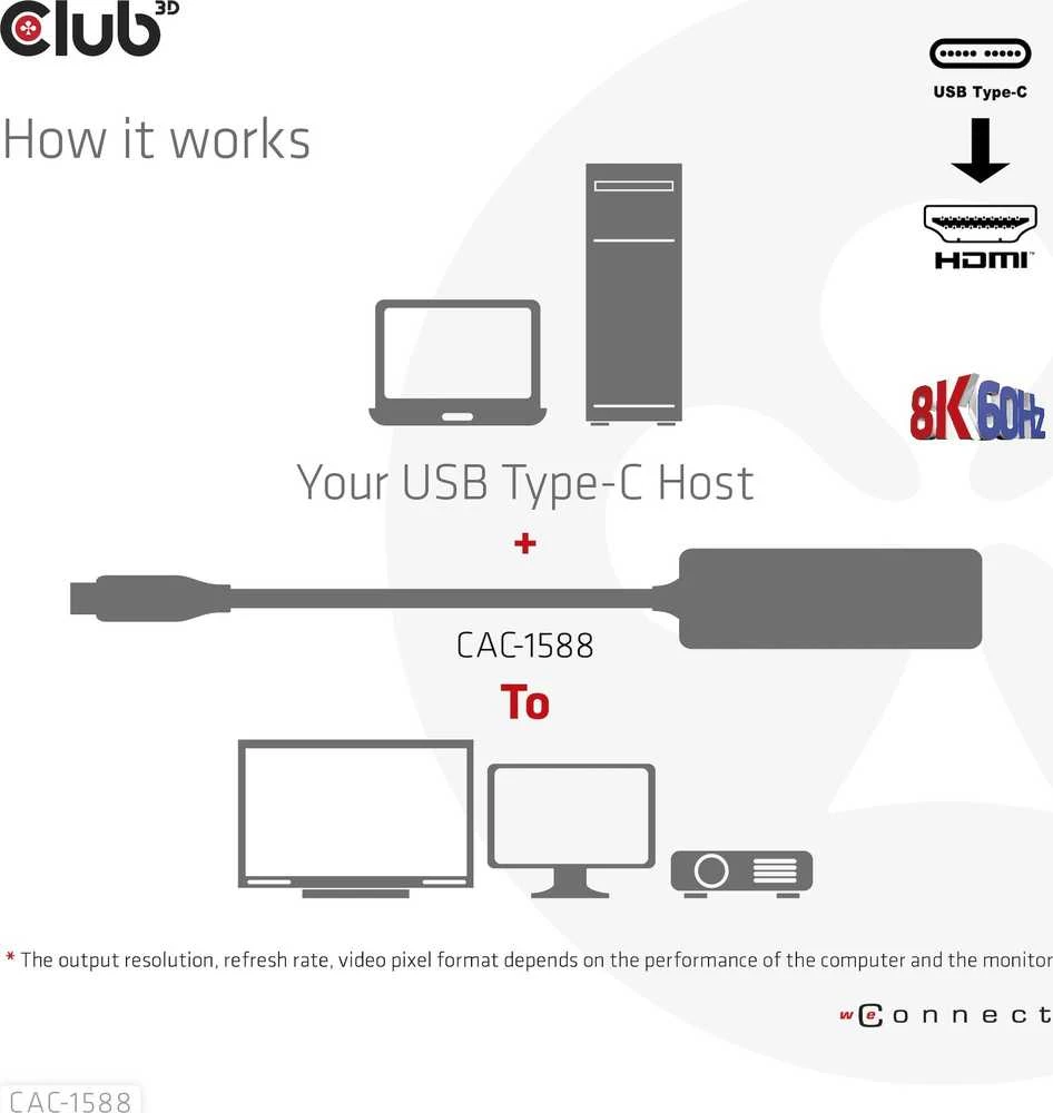 Club 3D Club3D USB-C adapteris su HDMI 8K60Hz/4K120Hz, aktyvus M/F adapteris, PD 3.0, HDR10+ ir DSC 1.2