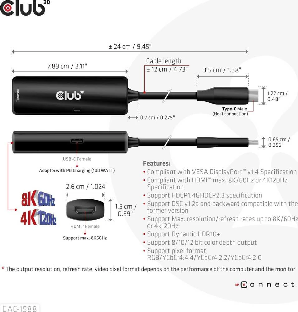 Club 3D Club3D USB-C adapteris su HDMI 8K60Hz/4K120Hz, aktyvus M/F adapteris, PD 3.0, HDR10+ ir DSC 1.2