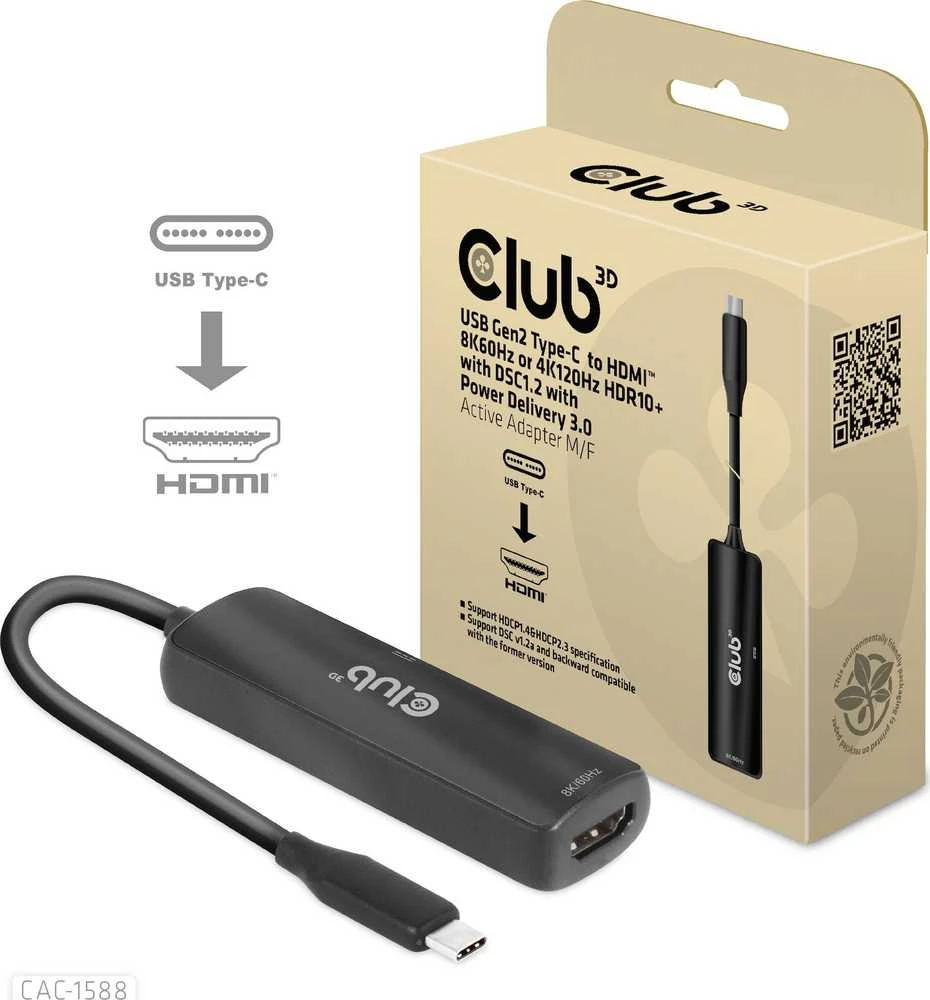 Club 3D Club3D USB-C adapteris su HDMI 8K60Hz/4K120Hz, aktyvus M/F adapteris, PD 3.0, HDR10+ ir DSC 1.2