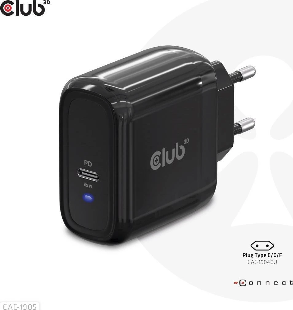 Club 3D CLUB3D kelioninis įkroviklis 65 W GAN technologija, vieno prievado USB Type-C, maitinimo tiekimo (PD) 3.0 palaikymas