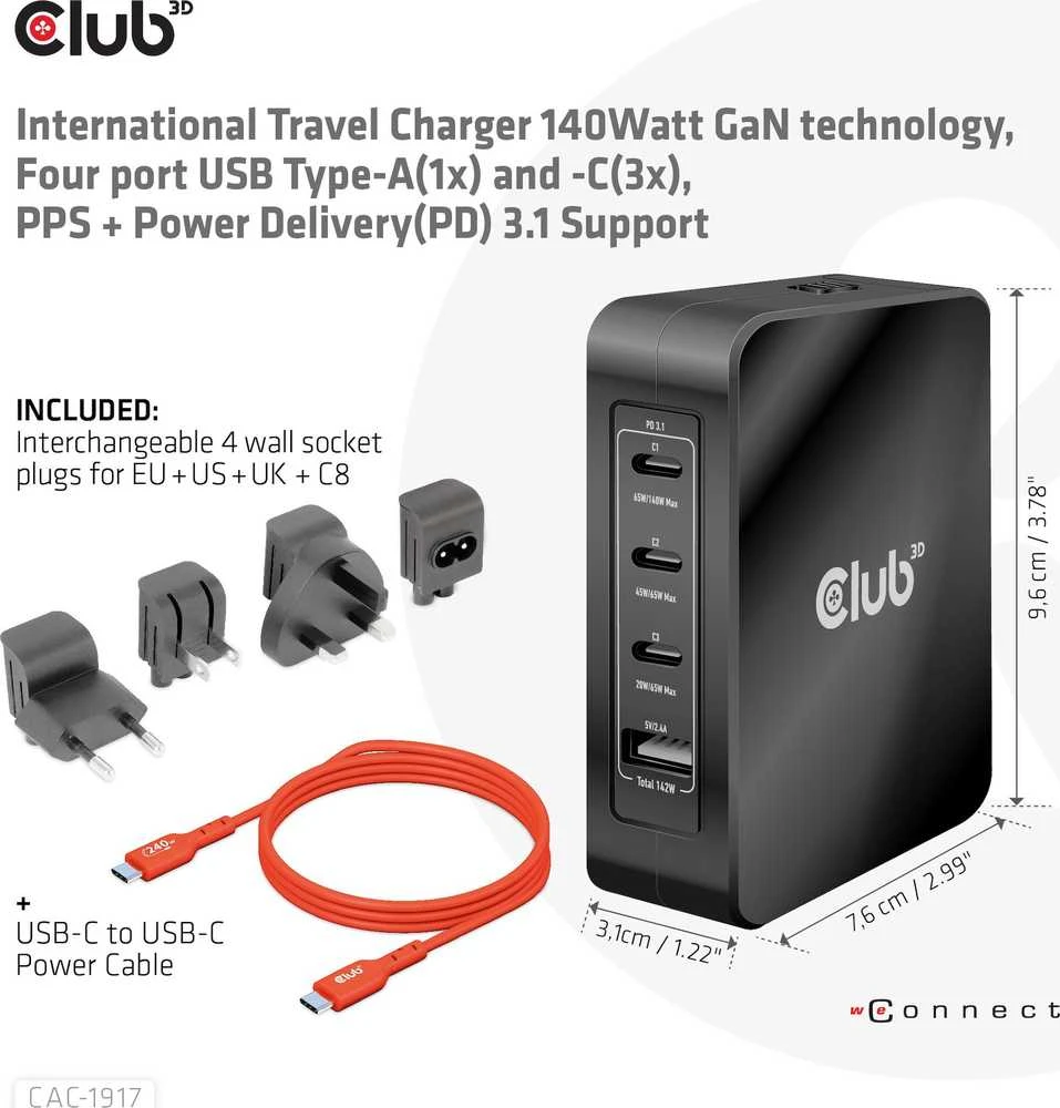 Įkroviklis Club 3D travel GaN 1x USB-A 3x USB-C 140W (CAC-1917)