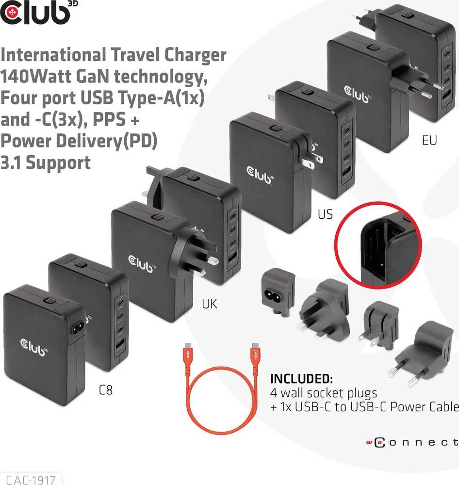 Įkroviklis Club 3D travel GaN 1x USB-A 3x USB-C 140W (CAC-1917)