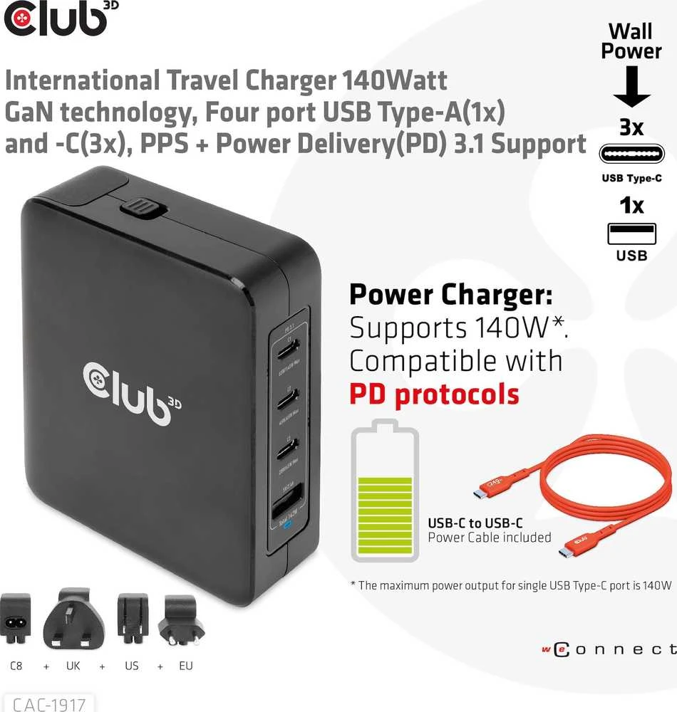 Įkroviklis Club 3D travel GaN 1x USB-A 3x USB-C 140W (CAC-1917)