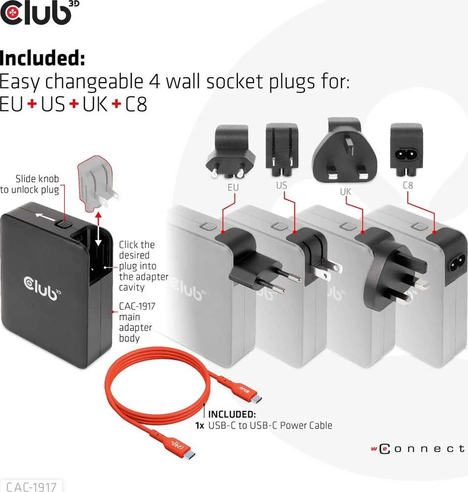 Įkroviklis Club 3D travel GaN 1x USB-A 3x USB-C 140W (CAC-1917)