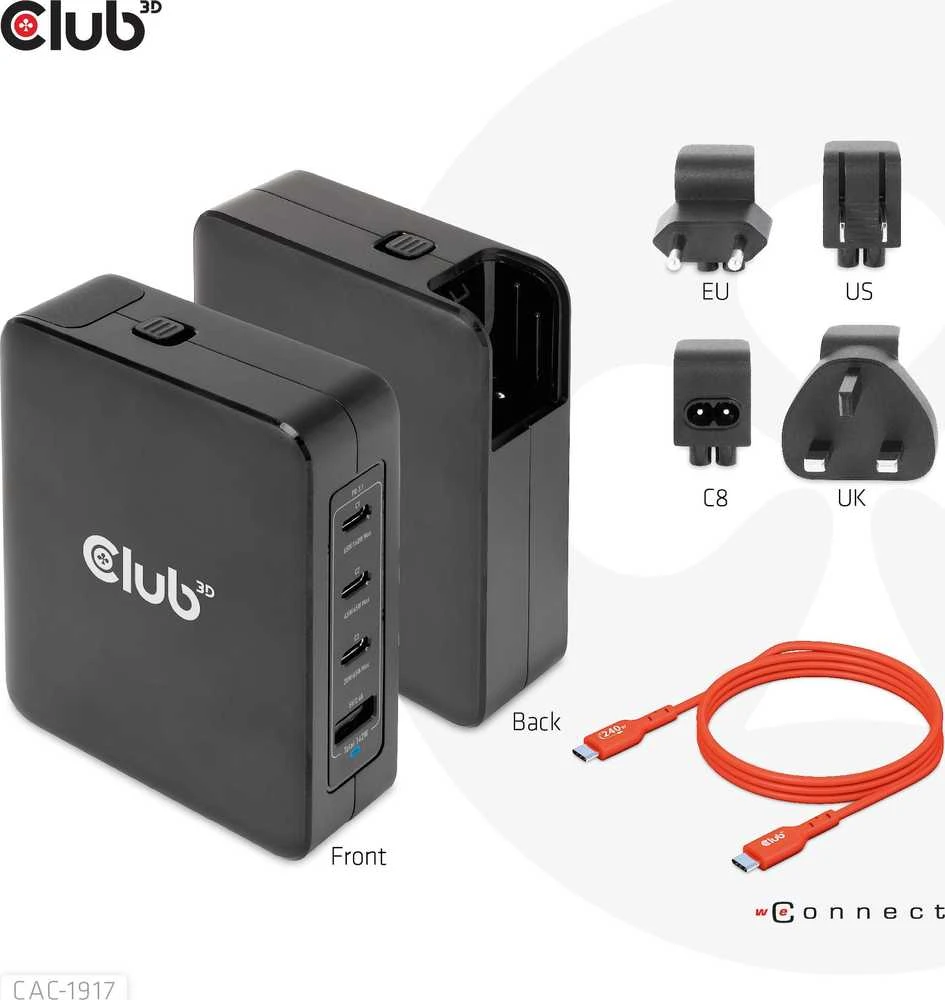 Įkroviklis Club 3D travel GaN 1x USB-A 3x USB-C 140W (CAC-1917)