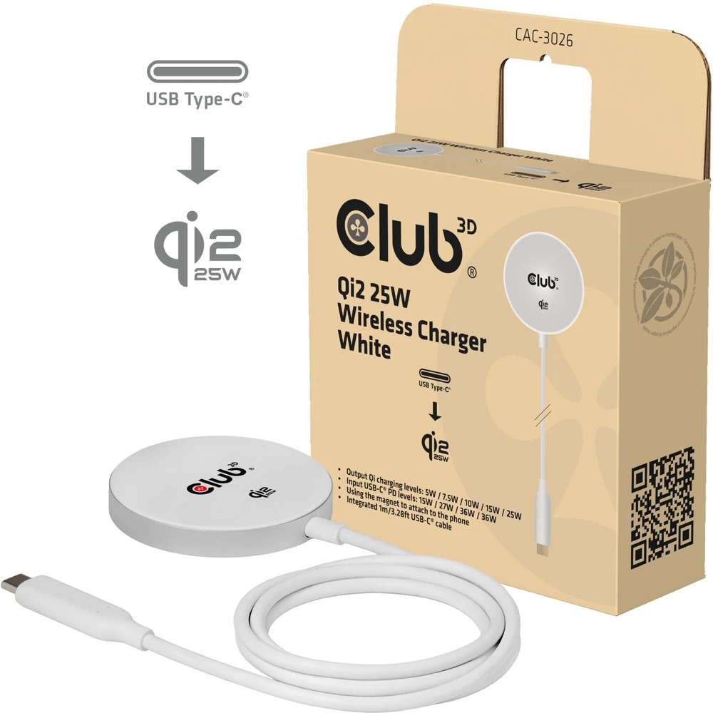 Išmanusis laikrodis Įkroviklis Club 3D CAC-3026 Bezprzewodowa Qi2 MagSafe 25W Baltas