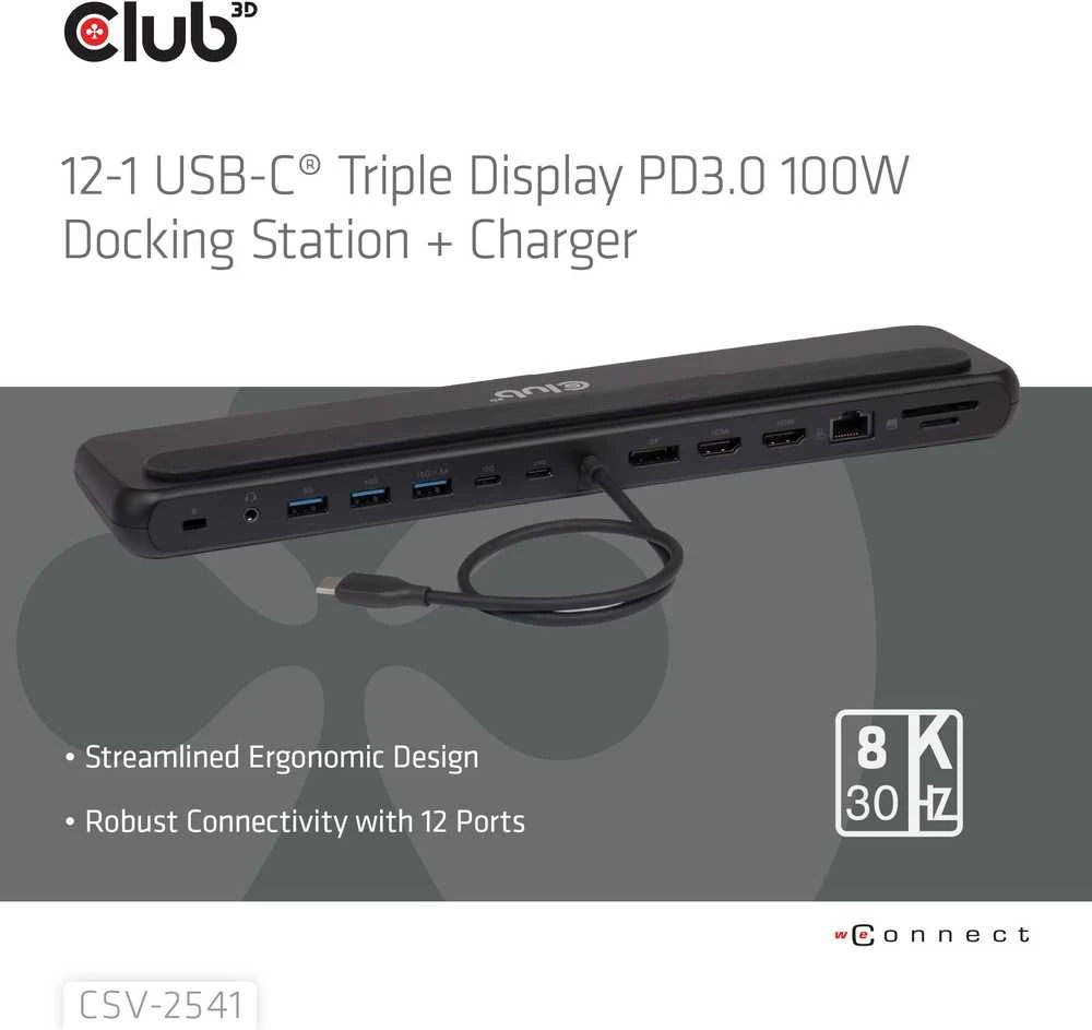 „Club 3D“ „Club3D“ USB-C prijungimo stotelė 12v1, 2xHDMI, 1xDP, 2xUSB-C, 3xUSB, 1xRJ45, 1x3,5 mm, juoda