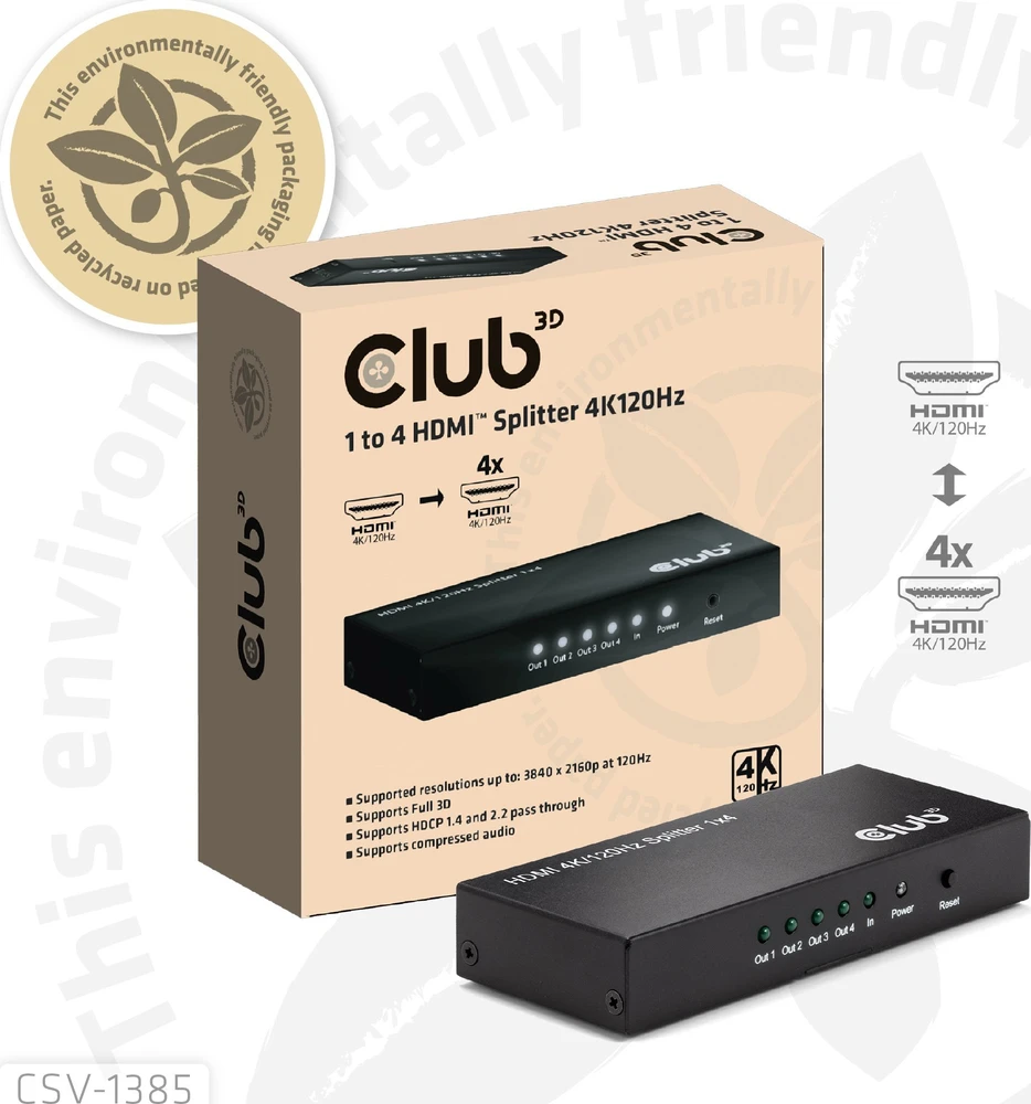 „Club 3D“ „Club3D“ HDMI skirstytuvas, 1 įvestis -> 4 išvestys, 4K, 120Hz, UHD, mažmeninė prekyba