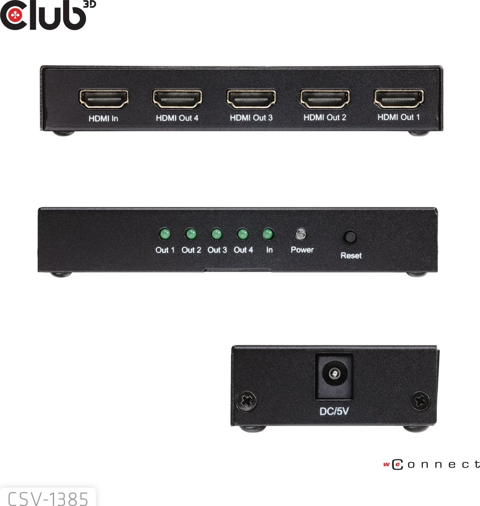 „Club 3D“ „Club3D“ HDMI skirstytuvas, 1 įvestis -> 4 išvestys, 4K, 120Hz, UHD, mažmeninė prekyba