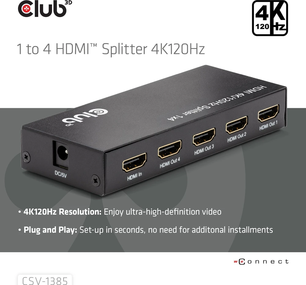 „Club 3D“ „Club3D“ HDMI skirstytuvas, 1 įvestis -> 4 išvestys, 4K, 120Hz, UHD, mažmeninė prekyba