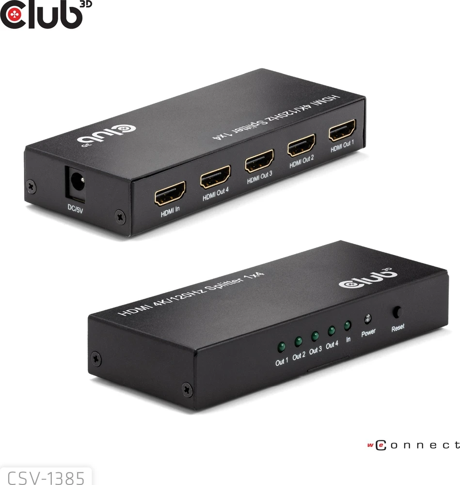 „Club 3D“ „Club3D“ HDMI skirstytuvas, 1 įvestis -> 4 išvestys, 4K, 120Hz, UHD, mažmeninė prekyba