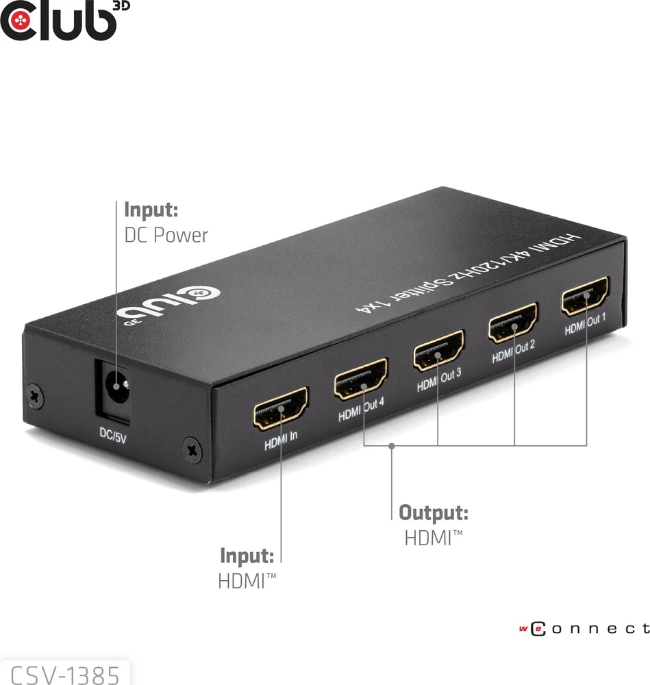 „Club 3D“ „Club3D“ HDMI skirstytuvas, 1 įvestis -> 4 išvestys, 4K, 120Hz, UHD, mažmeninė prekyba