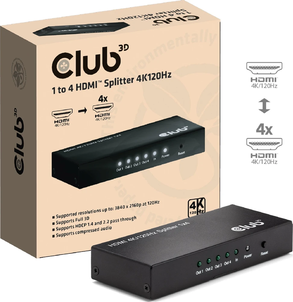 „Club 3D“ „Club3D“ HDMI skirstytuvas, 1 įvestis -> 4 išvestys, 4K, 120Hz, UHD, mažmeninė prekyba