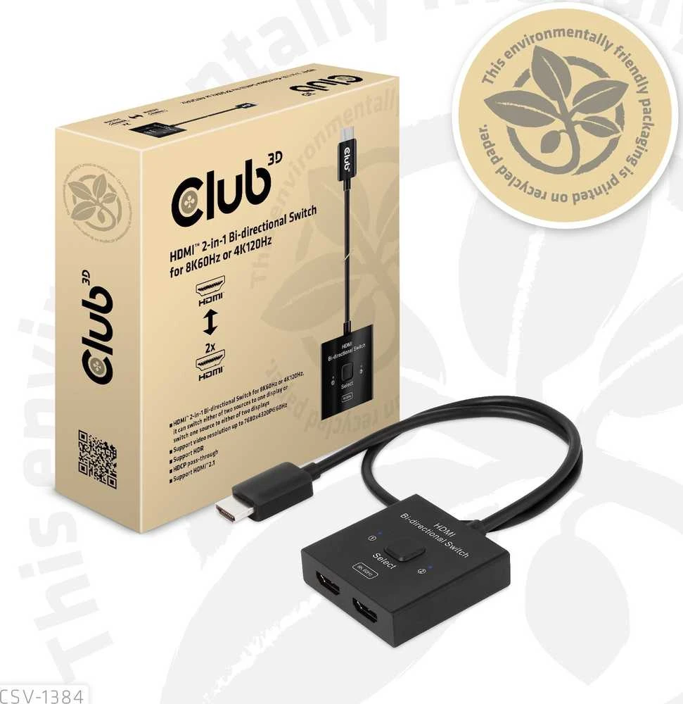 „Club 3D Club3D“ HDMI jungiklis „du viename“ dvikryptis 8K60Hz/4K120Hz UHD mažmeninė prekyba