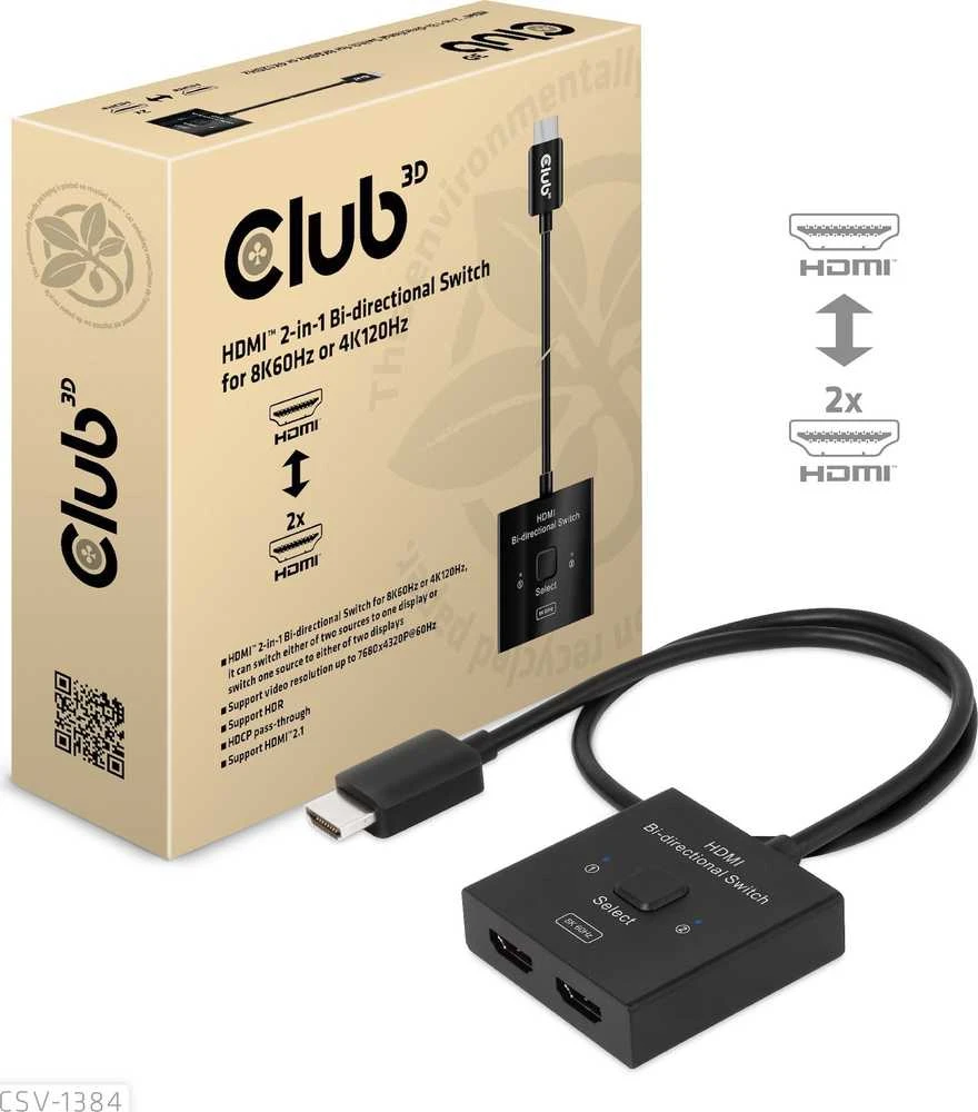 „Club 3D Club3D“ HDMI jungiklis „du viename“ dvikryptis 8K60Hz/4K120Hz UHD mažmeninė prekyba