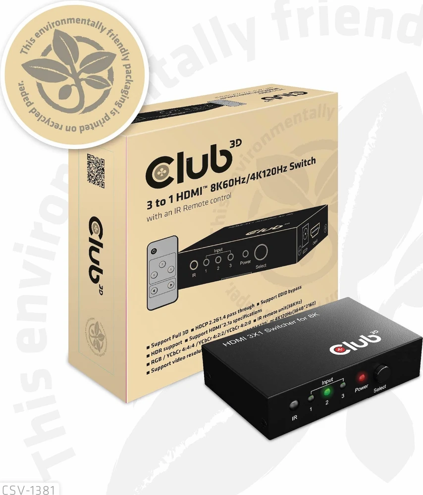 Club 3D Club3D jungiklis 1:3 HDMI 8K60Hz/4K120Hz, 3 portai