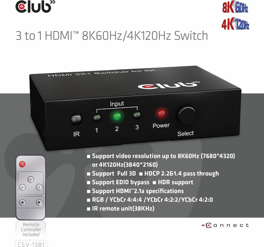 Club 3D Club3D jungiklis 1:3 HDMI 8K60Hz/4K120Hz, 3 portai