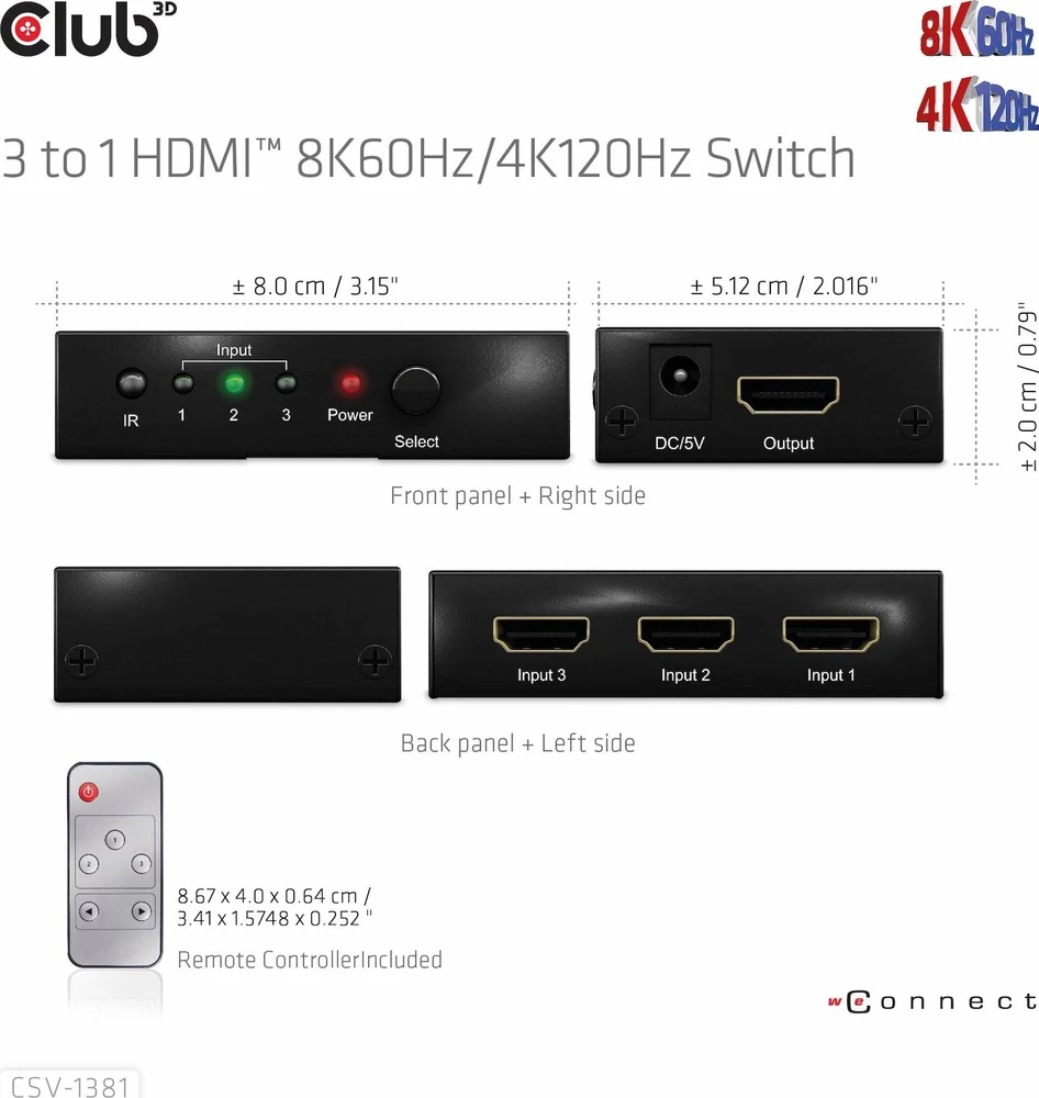 Club 3D Club3D jungiklis 1:3 HDMI 8K60Hz/4K120Hz, 3 portai