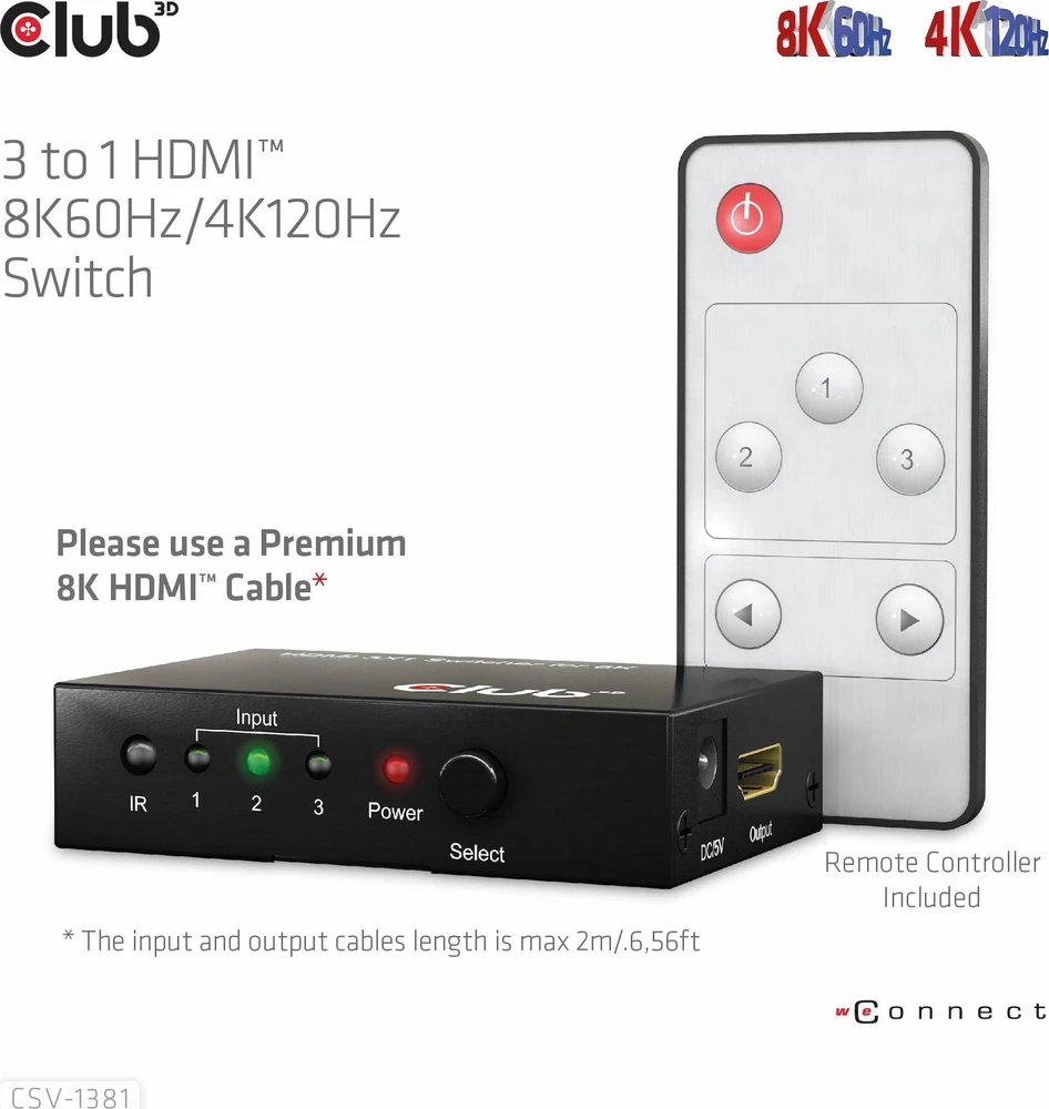 Club 3D Club3D jungiklis 1:3 HDMI 8K60Hz/4K120Hz, 3 portai