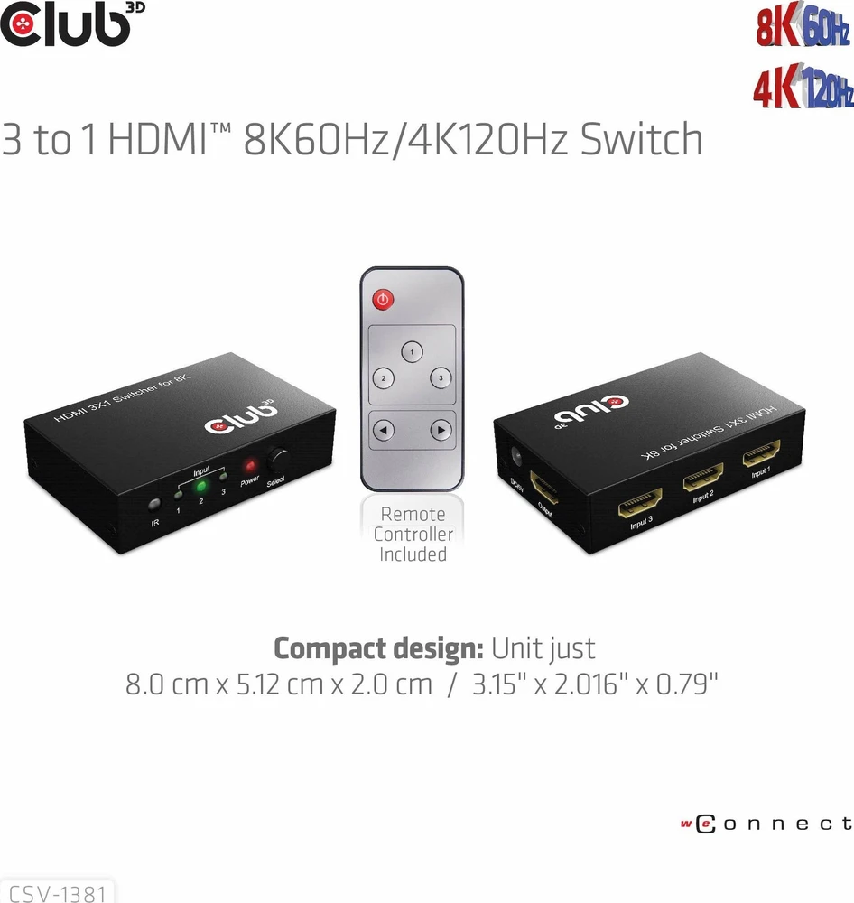 Club 3D Club3D jungiklis 1:3 HDMI 8K60Hz/4K120Hz, 3 portai