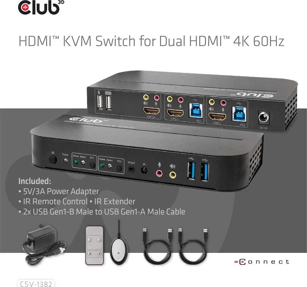Club 3D Club3D tinklo jungiklis – jungiklis, HDMI KVM jungiklis – dvigubas HDMI 4K 60Hz