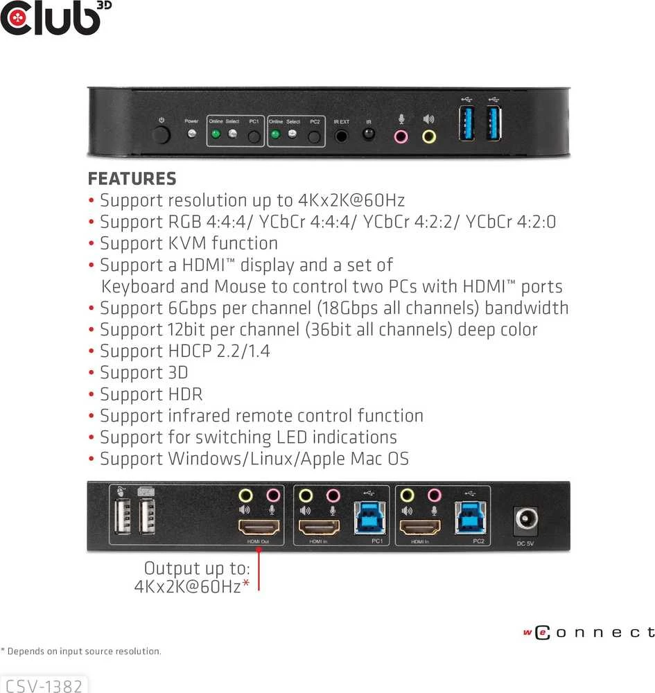 Club 3D Club3D tinklo jungiklis – jungiklis, HDMI KVM jungiklis – dvigubas HDMI 4K 60Hz
