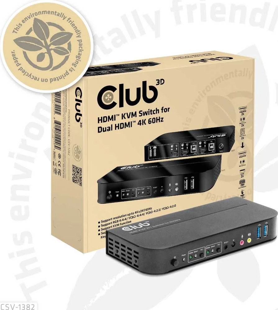 Club 3D Club3D tinklo jungiklis – jungiklis, HDMI KVM jungiklis – dvigubas HDMI 4K 60Hz